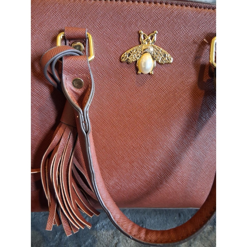 Brown Structured Satchel Bee Accent Tassel Gold Hardware Top Handle Shoulder Bag - Picture 10 of 16